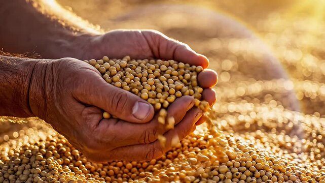 Close-up of hands holding grains, harvest season, agriculture concept.