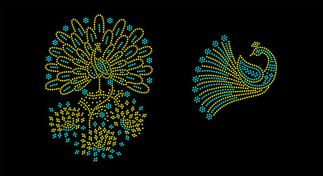 Rhinestone hotfix transfer template, traditional decorative peacocks set, ethnic design for plain cloths, saree, and other decorative purposes, laser cutting, 2.2 mm hole size 6 ss, F-8