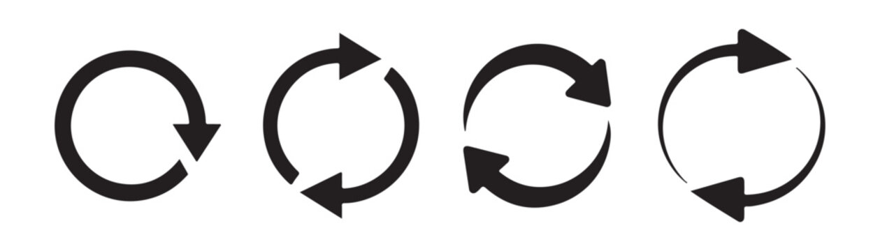 Collection of black circular arrows indicating refresh rotate reload loop and recycle concepts on background.