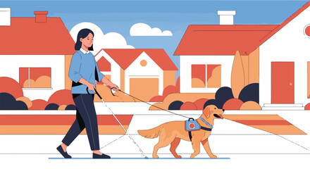 Fototapeta premium Visually impaired woman with guide dog & cane walks on sidewalk past houses