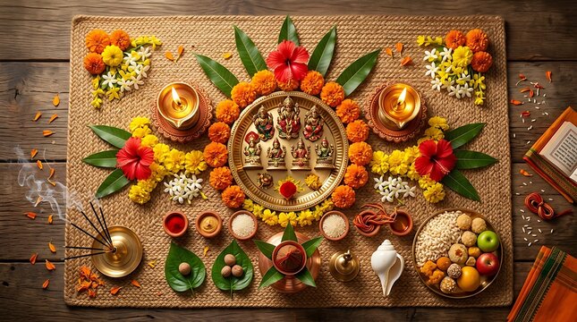 Traditional Kharchi Puja Altar with Deity Idols and Flowers