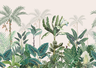 Traditional Mughal Garden Illustration, Tropical Palm Tree Wall Mural, Watercolor Background. © Sharif