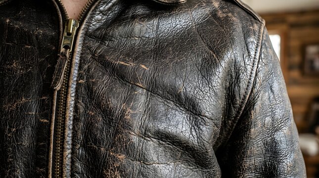 close up of brown leather jacket