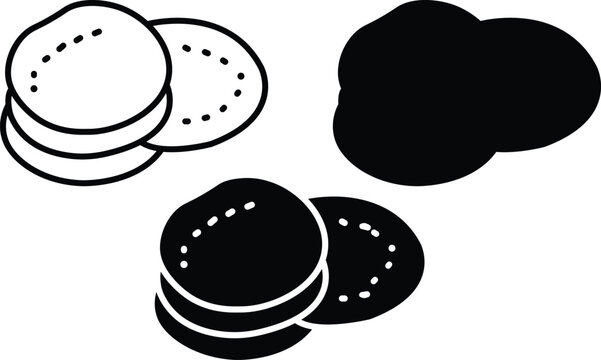 Minimalist black and white cotton pad and cosmetic round set with solid silhouette and line art styles for beauty skincare vector illustration