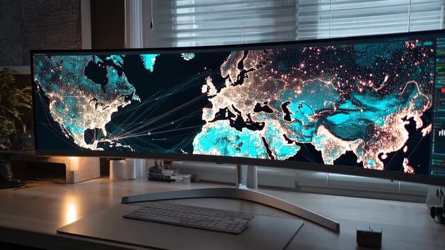 4K Ultrawide curved computer monitor displaying a digital world map with network connections on a desk in a home office setting video