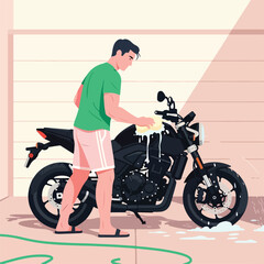 Naklejka premium A man in green shirt and pink shorts washes a black motorcycle with a soapy sponge
