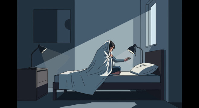 A Person Encased in a Blanket in a Dimly Lit Room Reaching Towards an Object