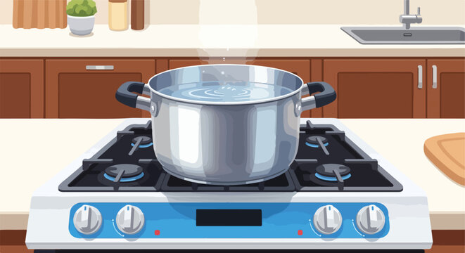 Close-up kitchen view silver pot boiling on gas stove, steam rising, counter details