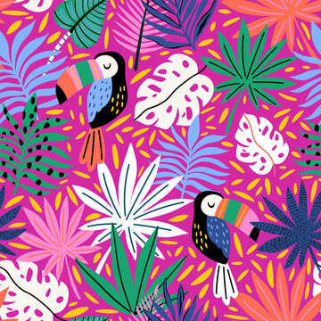 Seamless jungle pattern with leaves and toucan birds. Tropical toucan texture. Vector pink summer illustration.