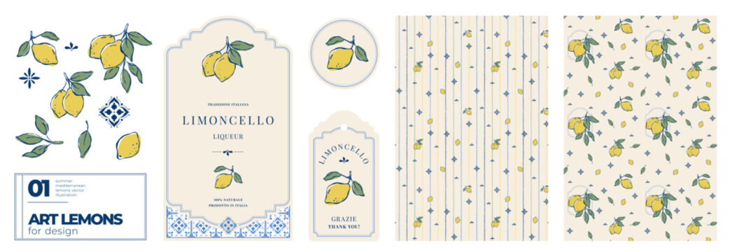 Limoncello branding kit with hand drawn lemons, seamless patterns and Mediterranean label templates. Italian citrus vector collection for packaging, logo, menu and restaurant design