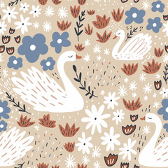 Materiał do szycia Seamless floral texture with swans and hand drawn flowers and leaves. Creative botanical pattern in vector.