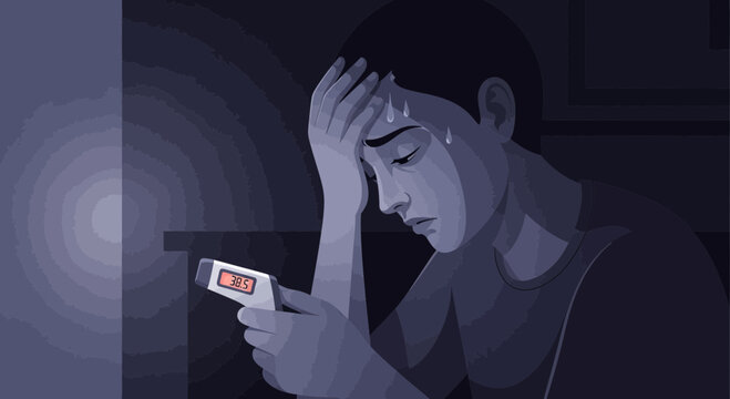 A Person Feels Ill Checking Temperature in Dim Lighting with Digital Thermometer