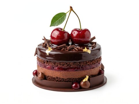 Luxurious Chocolate Layer Cake with Fresh Cherries and Gold Leaf