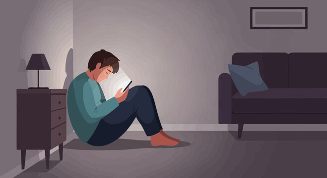 A Person Glued to a Device, Isolated in a Room, Conveying Solitude and Boredom