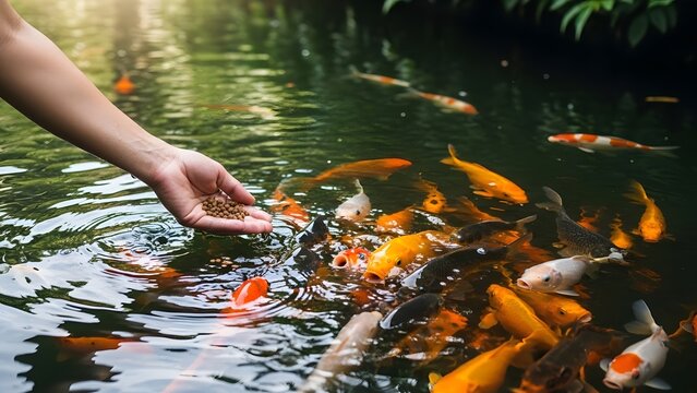 Feeding a school of colorful koi fish in a pond, with a hand scattering food