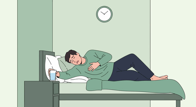 A Person in a Bedroom Is Resting, and Feeling Chest Pain Illustrated, Digital Imagery