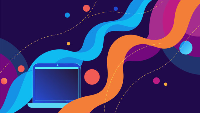 Vibrant fluid waves swirl around a laptop on a dark background with gradient mesh