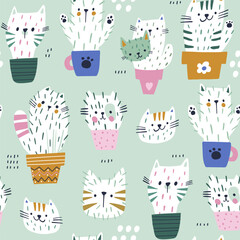 Seamless childish pattern with cute hand drawn cactus cats in pots. Creative kids hand drawn texture for fabric, wrapping, textile, wallpaper, apparel. Vector illustration © solodkayamari