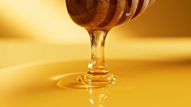 This features a close-up shot of a wooden honey dipper dripping with golden honey onto a smooth surface. The honey is viscous and shiny, with a warm glow that highlights its texture.