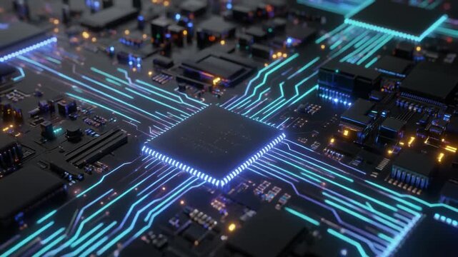 Futuristic circuit board with glowing blue and orange lights, data flow