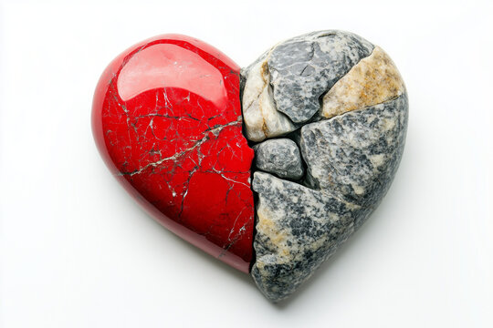 Heart made of red and gray stone isolated on white background.