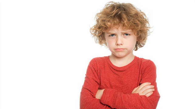 A young boy with curly hair and a red shirt looks unhappy with his arms crossed