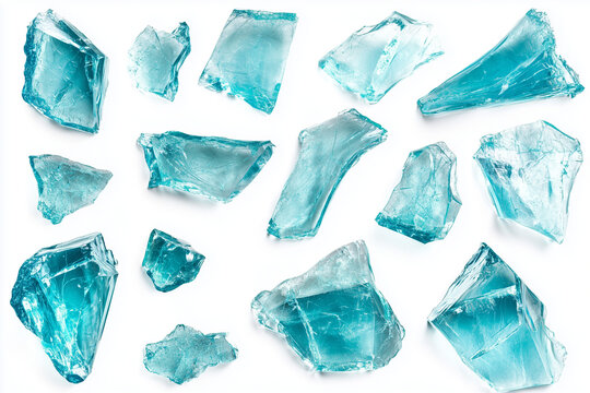 Set of shards of broken glass isolated on white background.