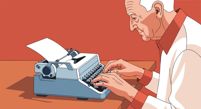 Old man typing intently on an antique typewriter with paper on a wooden desk