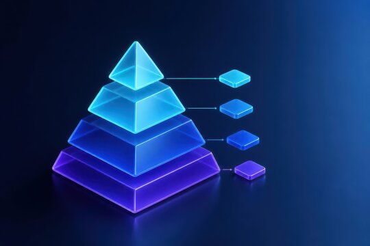 Glowing 3D pyramid business hierarchy concept with layered neon blocks and connected floating tiles on dark background