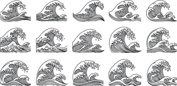 Black and White Japanese Ocean Wave Icon Set with Vintage Engraving Style for Sea, Surf, and Nautical Theme Designs