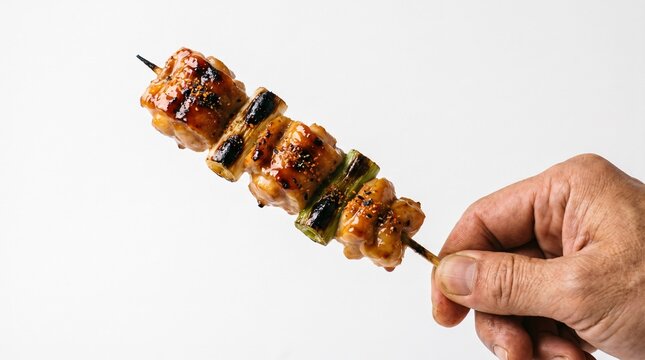 Hand holding a grilled chicken yakitori skewer with glossy tare sauce and char marks