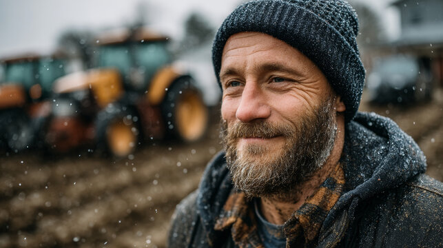 Portrait of a bearded modern farmer in a knit hat smiling in a snowy field with tractors blurred behind him