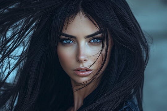 Portrait of beautiful brunette girl with luxurious long hair, fashion and style on white background.