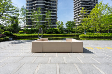 Modern residential community with landscaped water feature and high-rise buildings © zhu difeng