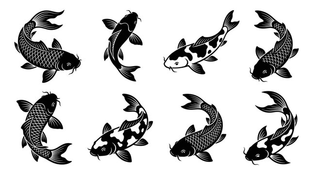 Black and white vector silhouette set of Koi Fish
