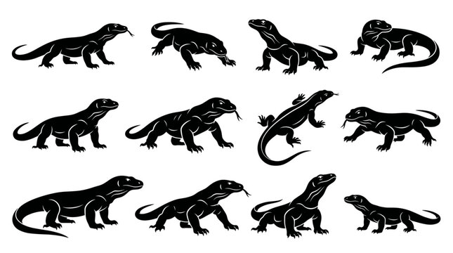 Black and white vector silhouette set of Komodo Dragon