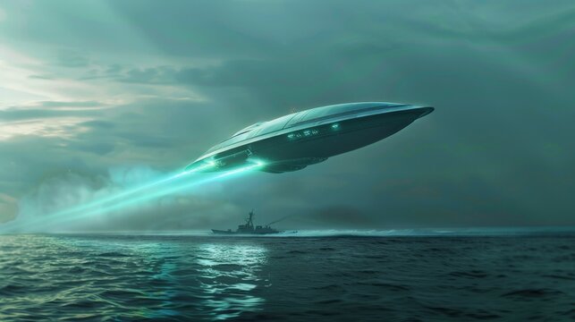 Mysterious vessel hovers above ocean's surface. Light trails glow beneath its sleek, futuristic hull. Stormy skies loom as dark clouds swirl above. Lone ship below appears dwarfed by the strange craft