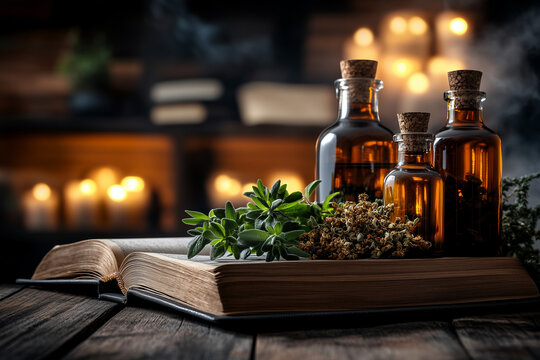 An old book of healing herbal decoctions and recipes on a herbalist table background.