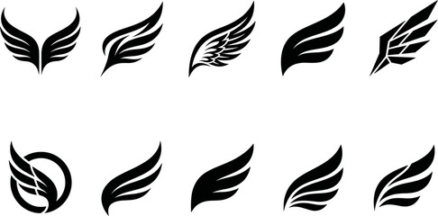 Fototapeta premium Black Wing Icon Collection with Angel Eagle and Heraldic Feather Symbol Logo Design Elements Vector Set