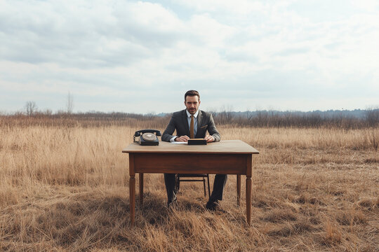 An office worker man in a business suit sits at a desk on field and forest background. Remote work, work outside the office concept..
