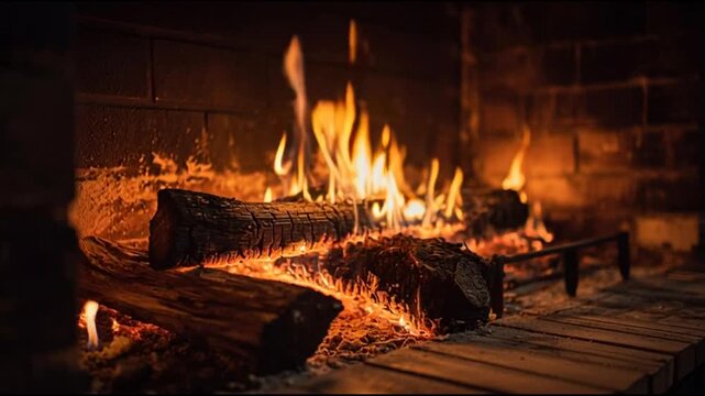 Warm fire burning with logs on a metal grate in a brick fireplace at night with a cozy and intimate mood.