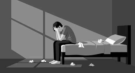 Fototapeta premium A Person Overwhelmed and Alone, Experiencing Grief and Sadness In A Room