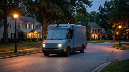 Obraz premium Delivery Van Driving Down Residential Street at Dusk.