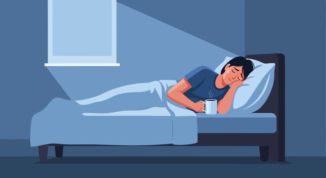 A Person Lying In Bed Crying While Holding A Mug With A Gloomy Expression