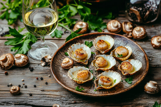 Delicious fried scallops on a plate and a glass of white wine on a restaurant table background.