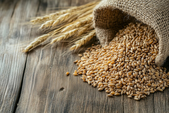 Ears of wheat and rye, and grains spilled from a burlap sack on an old farmer table background.