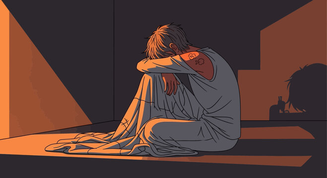 A Person Meditating On A Floor With Low Lighting And Overcast Shadows Creates The Scene