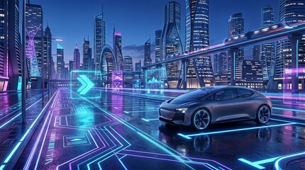 Fototapeta premium Futuristic Cityscape with Neon Lights and Car.