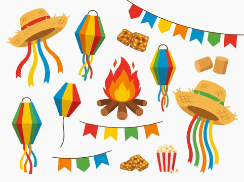 Brazilian Festa Junina Traditional Elements Collection with Lanterns, Bonfire, Straw Hats and Colorful Flags 2D Vector Illustration