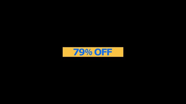 A bright yellow rectangular banner containing the blue text 79 percent off isolated on a solid black background for retail marketing and sales promotions
